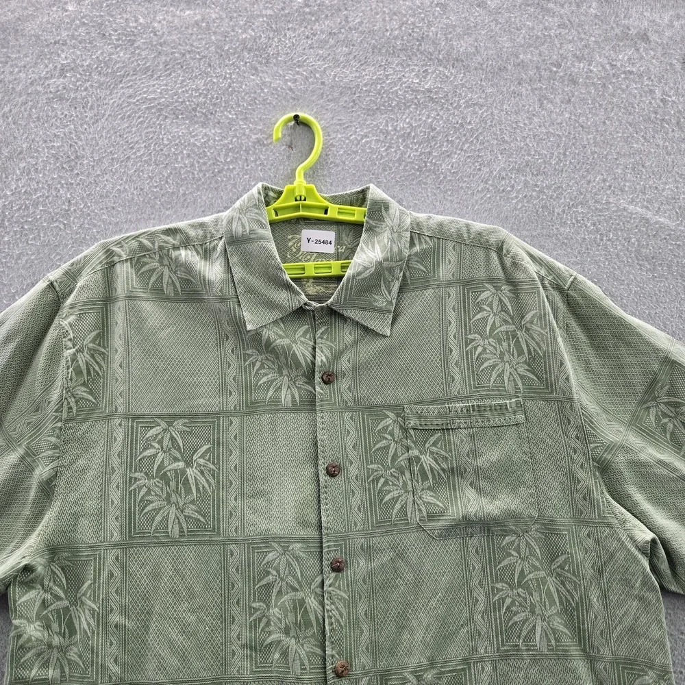Jamaica Jaxx Men Button‎ Up Shirt XXL Green Silk Floral Jacquard Hawaiian